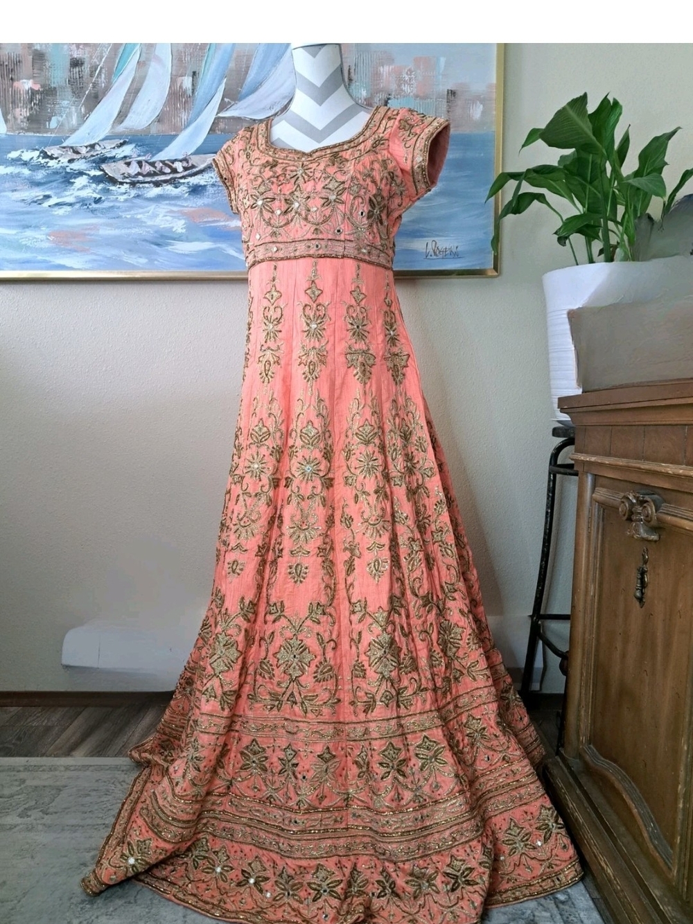 Embroidered Maxi Dress Coral Peach Beaded Gown